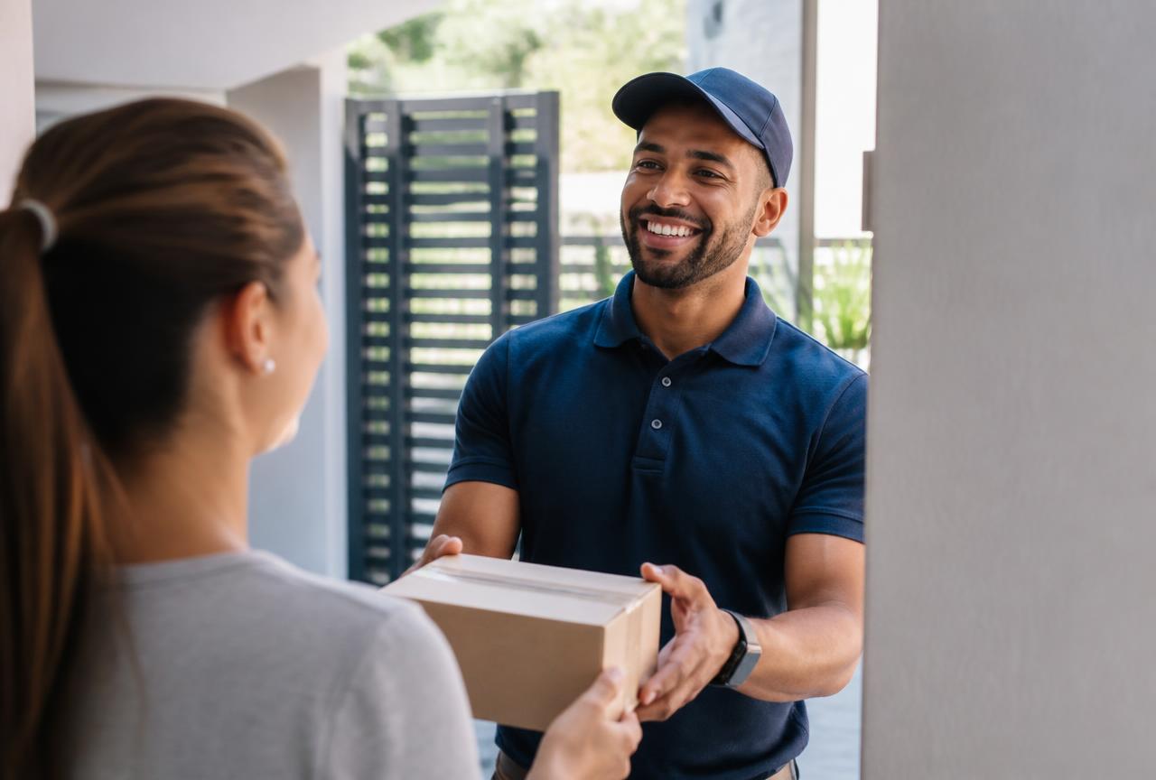 Entregador entregando o pedido da Extreme Tecnoz 9 ao cliente na porta de casa